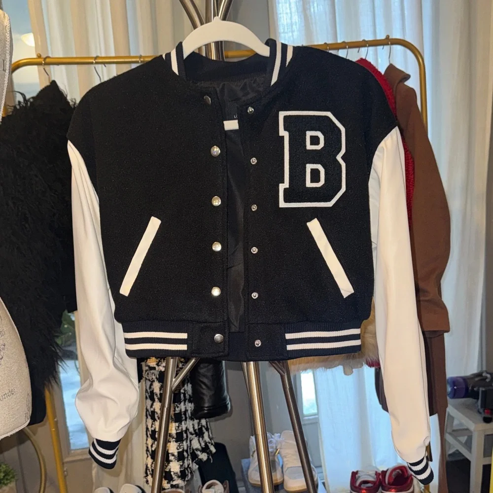 Love Tree Black & White Varsity Jacket B letterman snap closure bomber cropped S - Picture 11 of 12